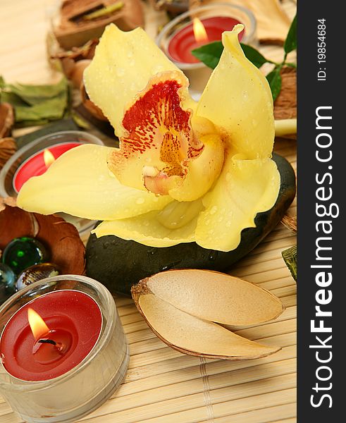 Yellow orchid and burning candle. Yellow orchid and burning candle
