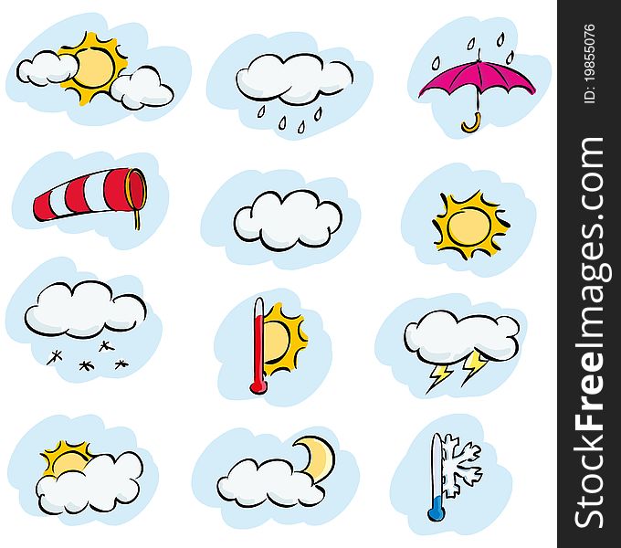 Vector doodle set of weather and climate forecast icons. Vector doodle set of weather and climate forecast icons