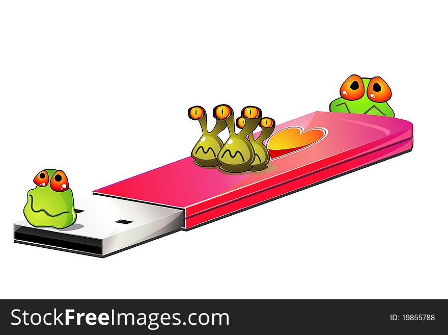 Pink USB flash drive with cartoon viruses. Pink USB flash drive with cartoon viruses