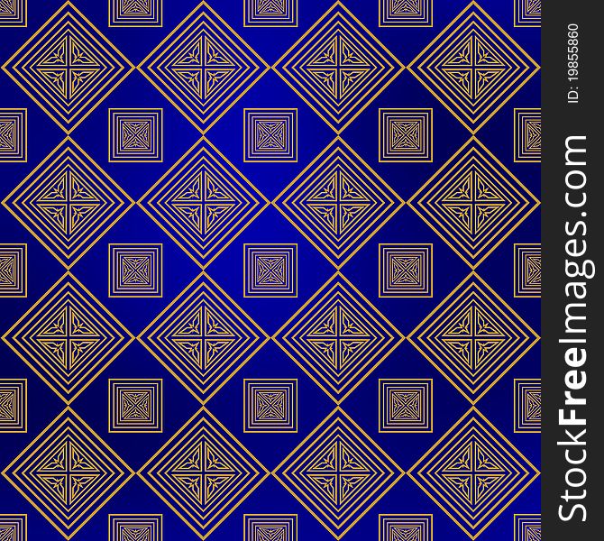 Gold square geometrical ornaments with on a navy blue background. Gold square geometrical ornaments with on a navy blue background