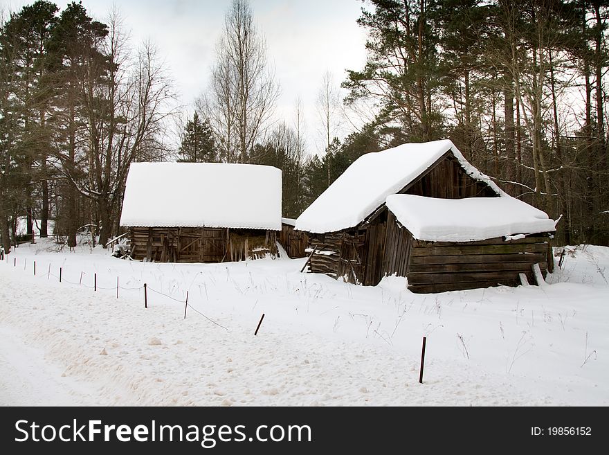 Some wooden structures in village in a winter season