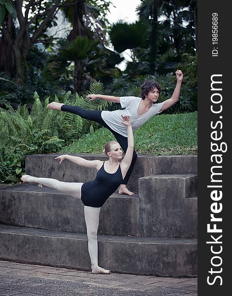 Young ballet dancers dancing in the outdoor,. Young ballet dancers dancing in the outdoor,.