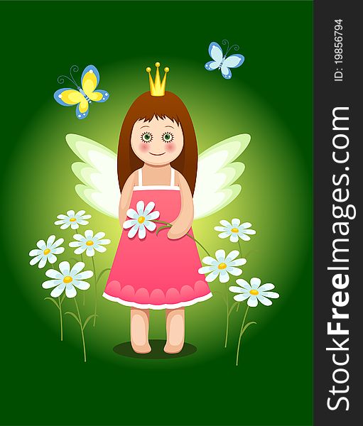 Little princess with flowers and butterflies on a green background