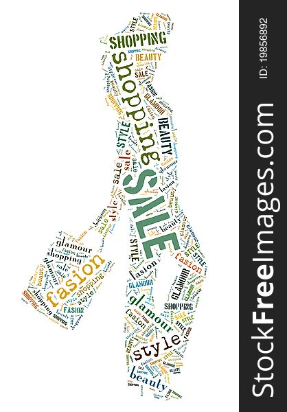 Wordcloud: Silhouette of a happy woman with shopping. Wordcloud: Silhouette of a happy woman with shopping