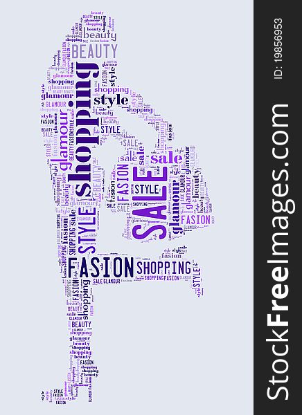 Wordcloud: Silhouette of a happy woman with shopping. Wordcloud: Silhouette of a happy woman with shopping