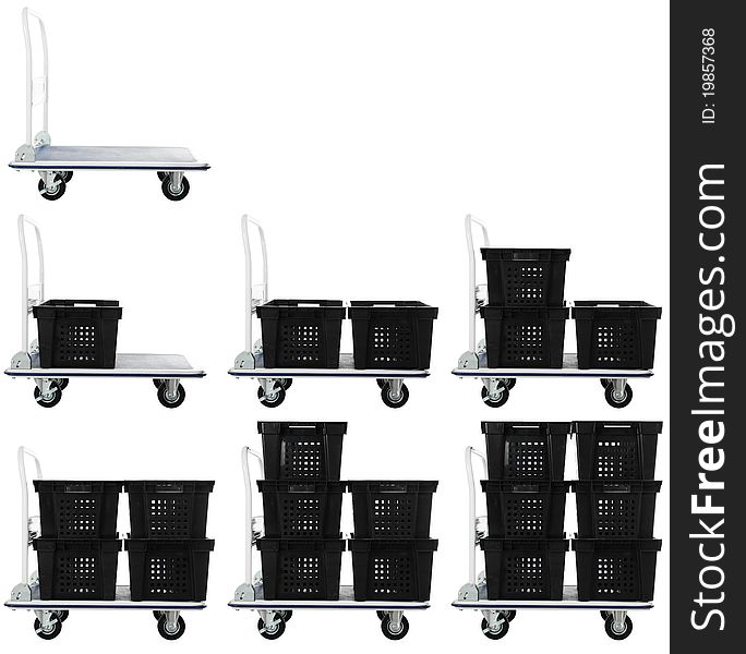 Warehouse transport cart with black empty containers isolated over white background. Warehouse transport cart with black empty containers isolated over white background