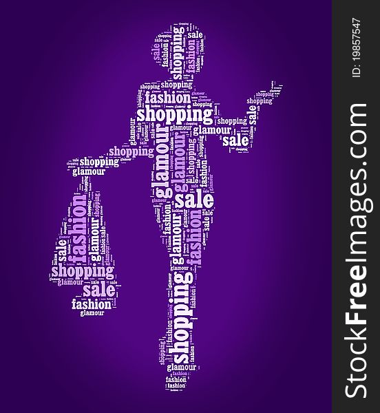 Wordcloud: Silhouette of a happy woman with shopping. Wordcloud: Silhouette of a happy woman with shopping