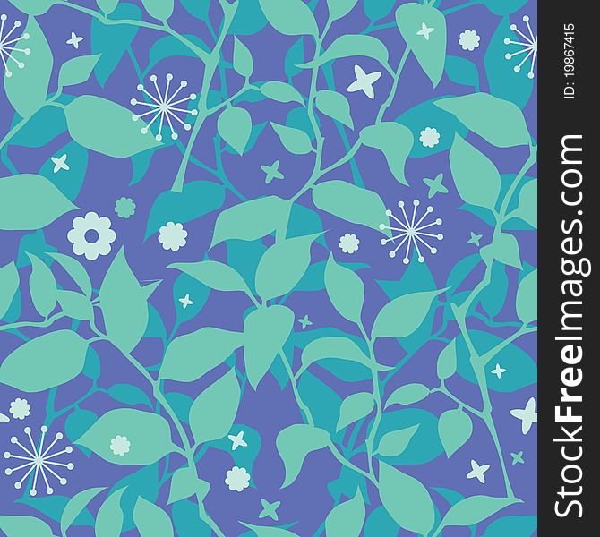 Seamless floral pattern with branches and leaves in blue. Seamless floral pattern with branches and leaves in blue
