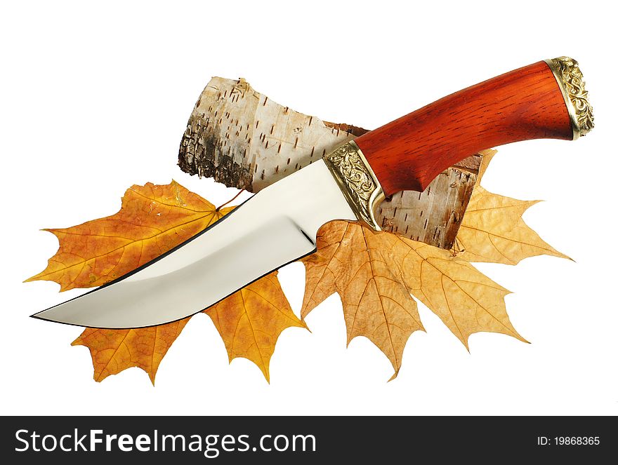 The hunting knife on maple leaves