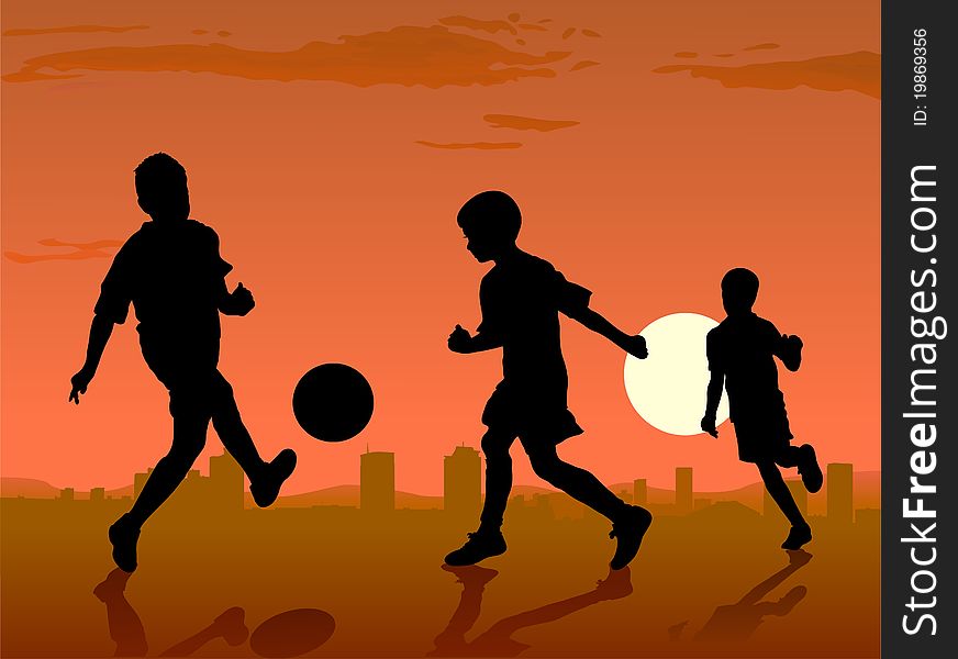 Boys play soccer on sunset, illustratio. Boys play soccer on sunset, illustratio