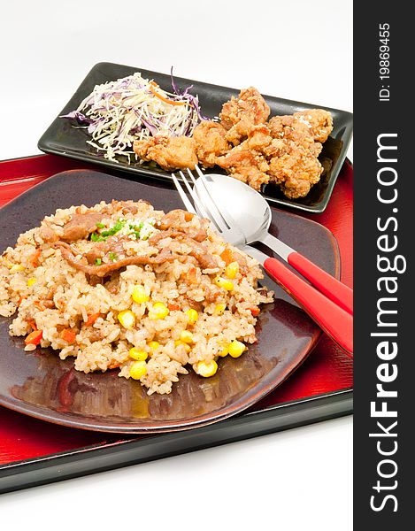 Japanese Cuisine -fried rice Teriyaki pork  on white backgrpund