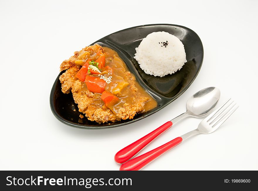 Rice with curry Chicken on whit background