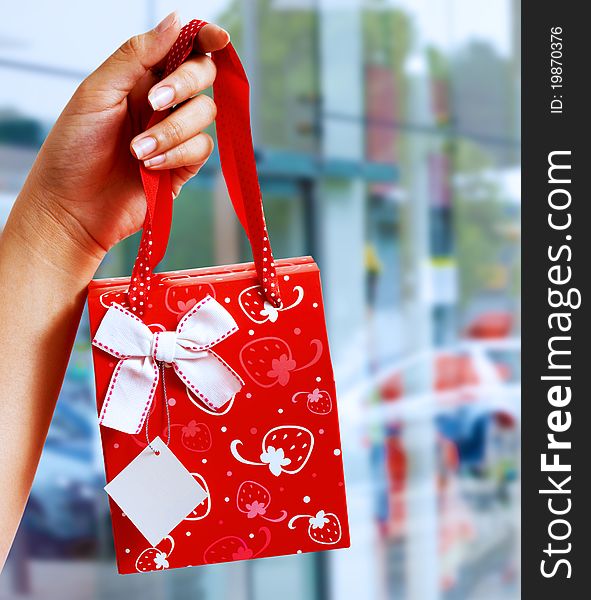 A Gift Wrapped Bag Being Held Up Outside A Shopping Mall