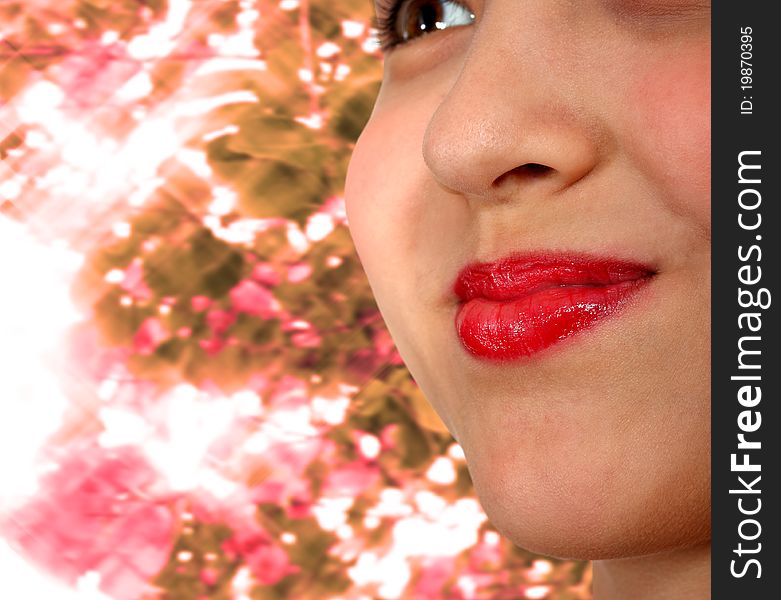 Smiling Girl With Red Lipstick and Sparkling Sunlight Background. Smiling Girl With Red Lipstick and Sparkling Sunlight Background