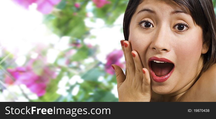 Surprised Young Woman Outdoors In Sparkling Sunlight. Surprised Young Woman Outdoors In Sparkling Sunlight