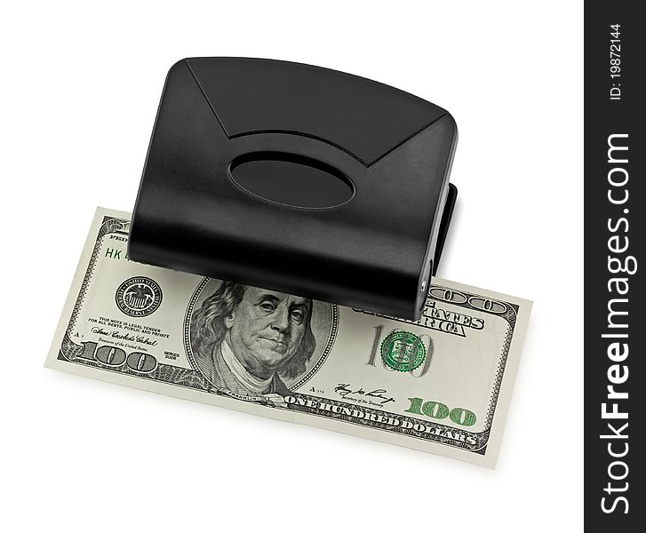 Dollar in the hole punch isolated on white. Dollar in the hole punch isolated on white.