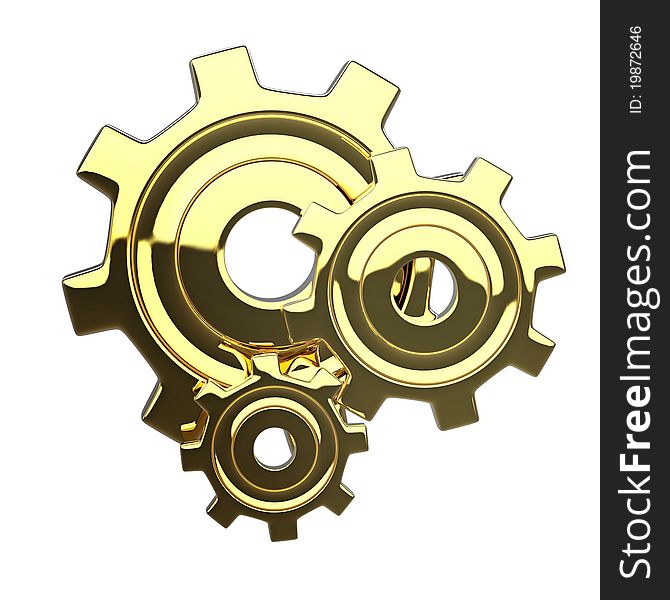 Golden 3D stile reflected isoleted gears with conceptual composition. Golden 3D stile reflected isoleted gears with conceptual composition