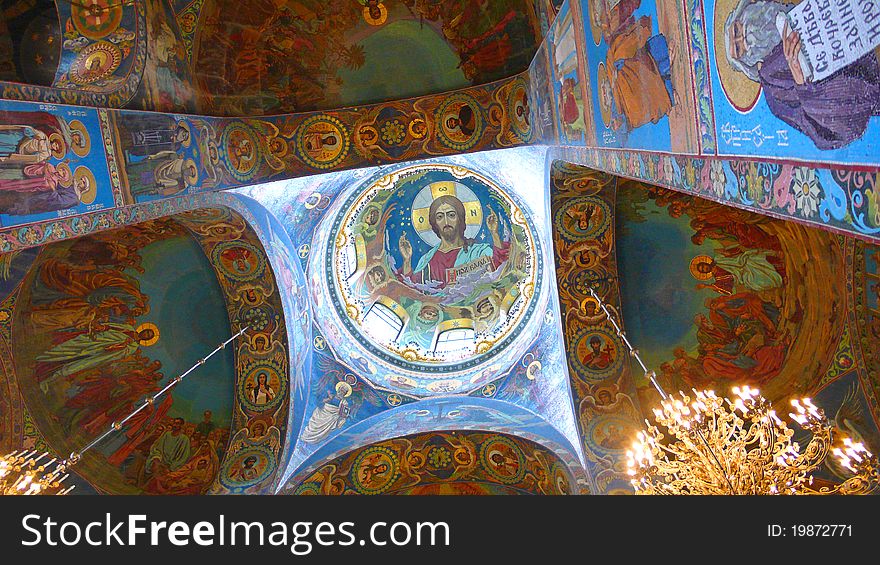 Detail of the ceiling of an Orthodox church, decorated with faces of the saints. Detail of the ceiling of an Orthodox church, decorated with faces of the saints