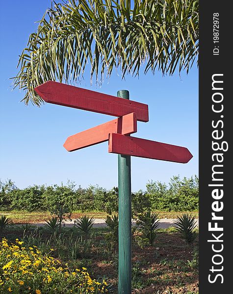 Pole of three directional signs in redwood under a palm leaf and blue sky as background. Pole of three directional signs in redwood under a palm leaf and blue sky as background