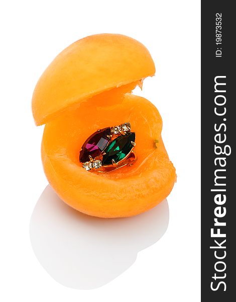 Apricot with red and green stone gold earrings. Apricot with red and green stone gold earrings