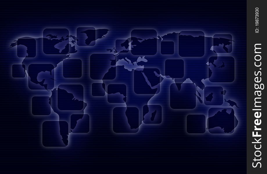 Global map in blue with square in front. Global map in blue with square in front