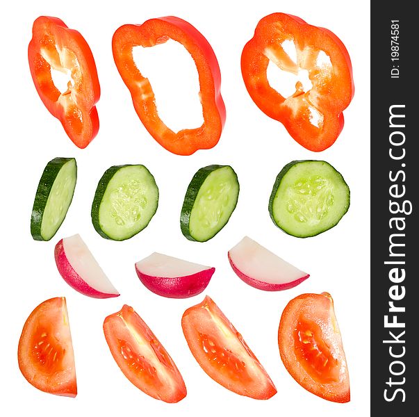 Clipart pepper, cucumber, garden radish, tomato cut from the different foreshortening