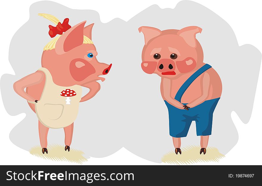 Two piglets: she scolds him, and he is upset. Two piglets: she scolds him, and he is upset