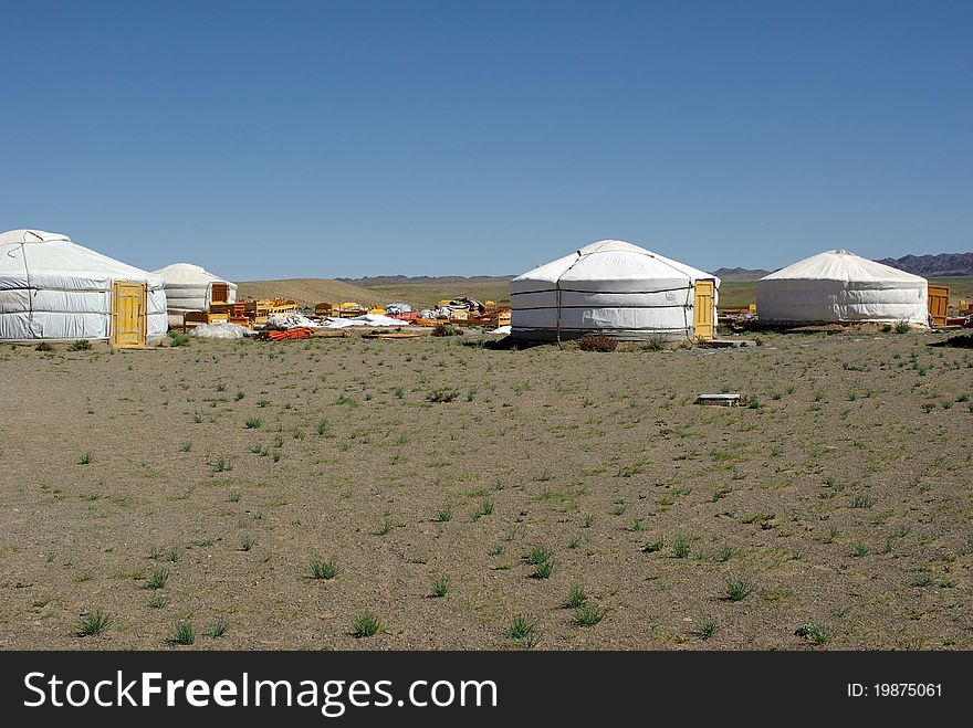 A camp of yurts in the Gobi desert in Mongolia. A camp of yurts in the Gobi desert in Mongolia