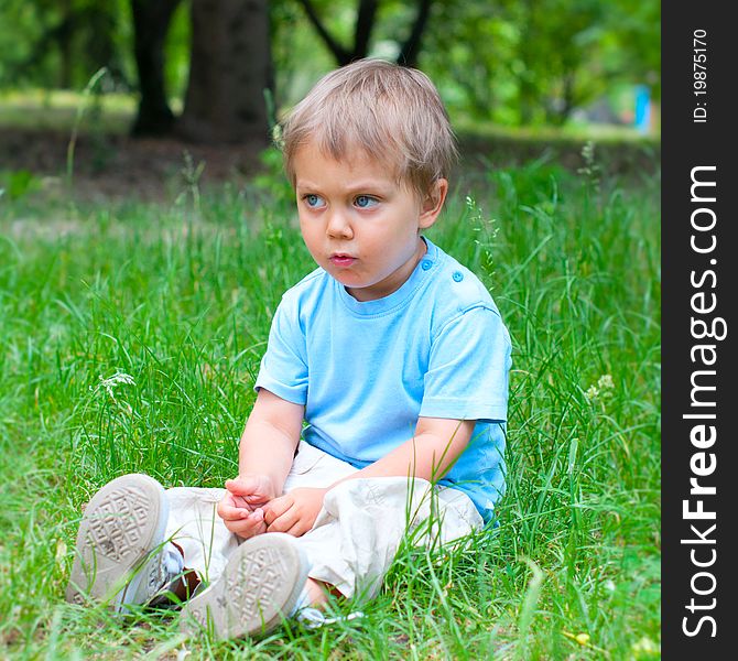 Cute 2 years old boy sitting on the grass in the park. Cute 2 years old boy sitting on the grass in the park