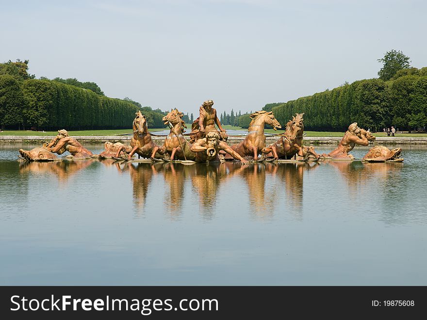 Fountain of Apollo in Garden of Versailles Palace, city Paris, France. The Palace Versilles is a royal chateau, It was added to the UNESCO list of World Heritage Sites in 1979.