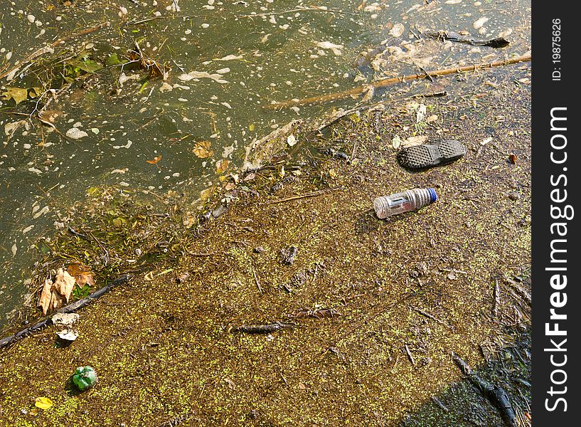 Old bottles and foam in a polluted river. Old bottles and foam in a polluted river.