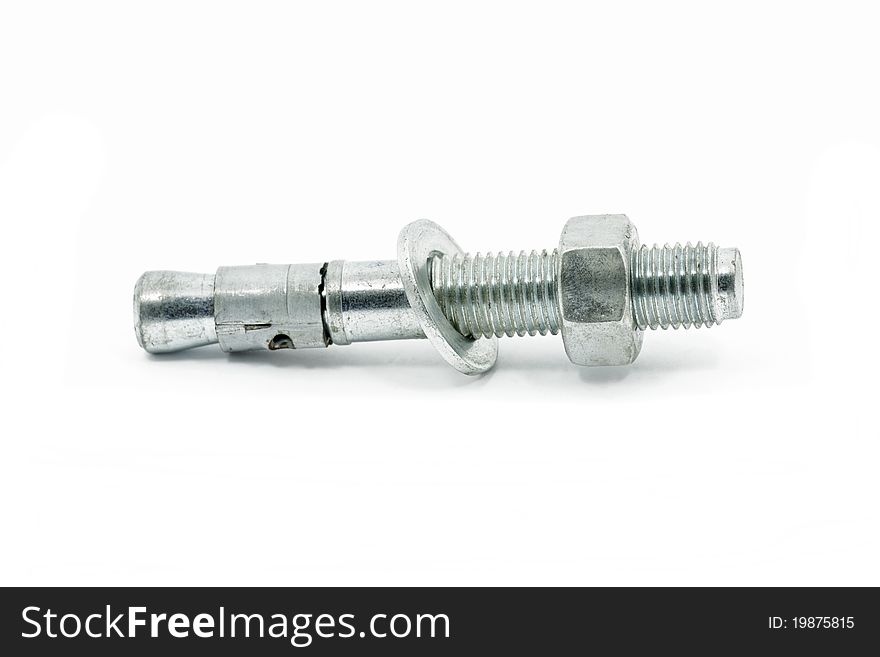 Concrete fixing bolt for joining concrete slabs isolated on white. Concrete fixing bolt for joining concrete slabs isolated on white