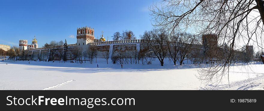 Winter panorama of Novodevichiy monastery in Moscow. Russia