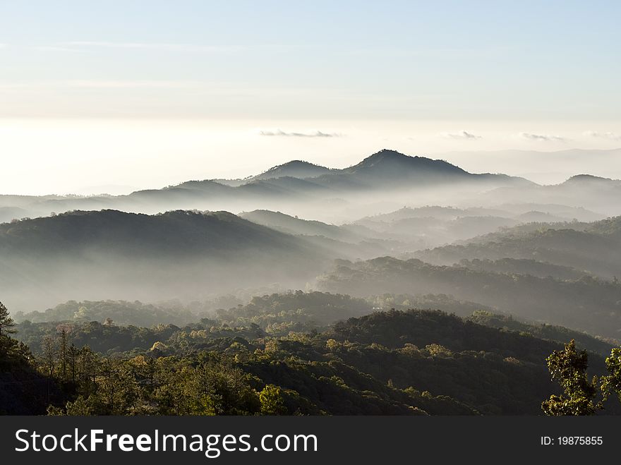 The scene of Thailand about Fog on the mountain