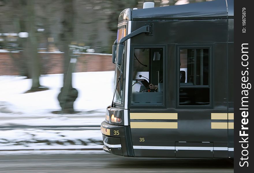 Fast train in Stockholm without the public transport organisation's logo.
Sharp vehicle, blurred background.