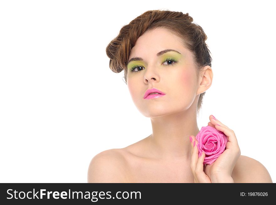 Beautiful blonde with pink rose isolated on white