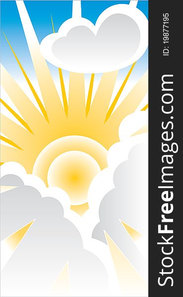 Llustration of vivid yellow sun with elongated rays breaking through clouds on blue sky background. Llustration of vivid yellow sun with elongated rays breaking through clouds on blue sky background