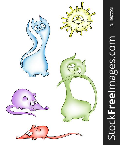 Blue and green cats, purple and red mouse, the sun. Blue and green cats, purple and red mouse, the sun