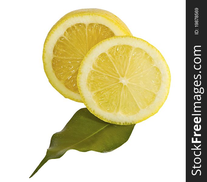 Lemon with green leaf isolated on the white. Lemon with green leaf isolated on the white