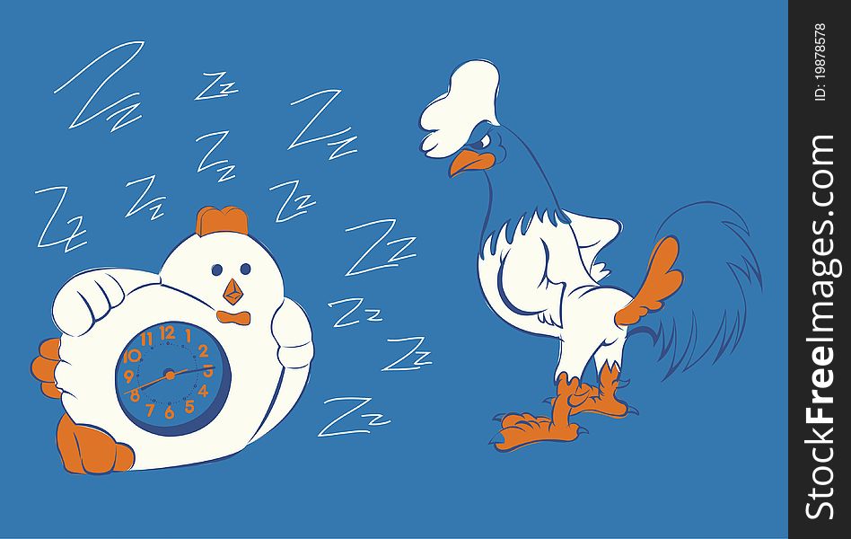 Chicken and alarm clock in blue color