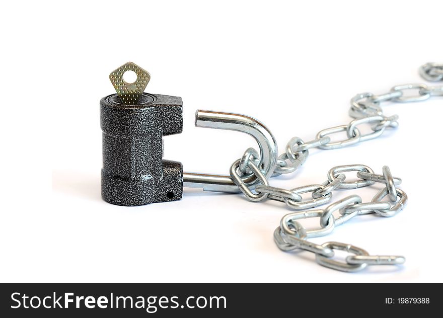 Closeup of open padlock and metal chain on white background. Closeup of open padlock and metal chain on white background