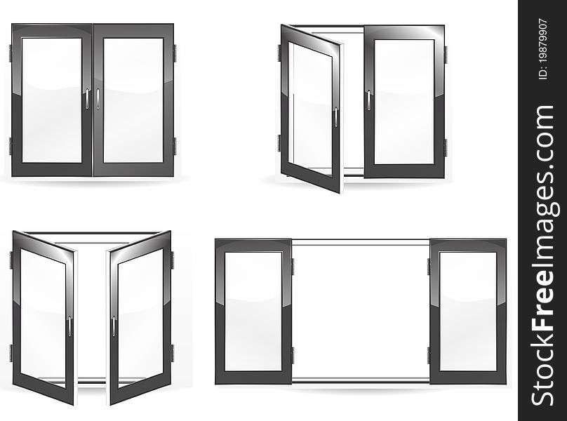 Set of open and close black windows isolated on white