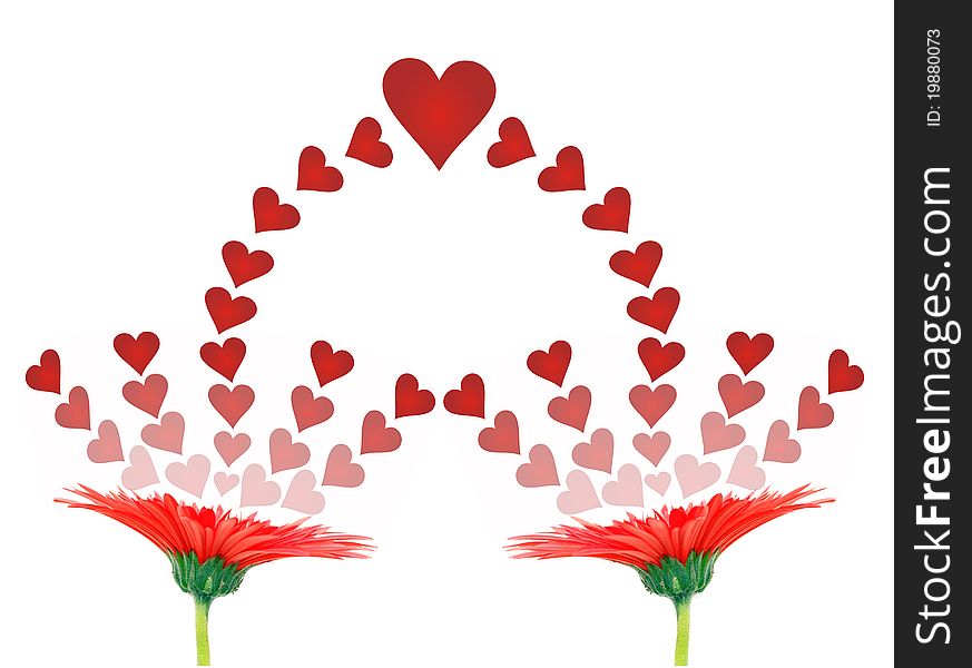 Red hearts flying out from blooming flowers. Red hearts flying out from blooming flowers.
