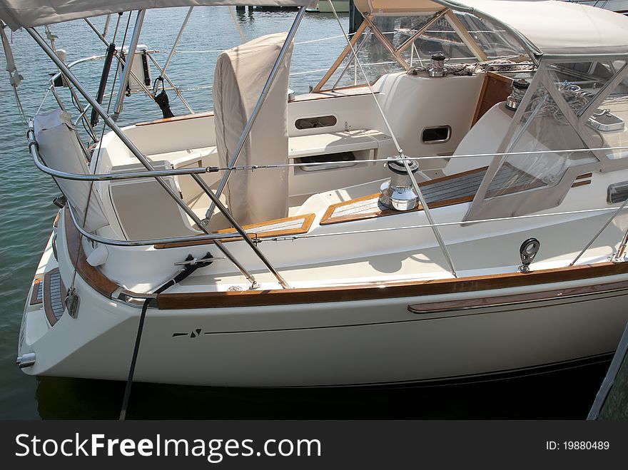 Rear deck helm and steering area on large sailboat. Rear deck helm and steering area on large sailboat