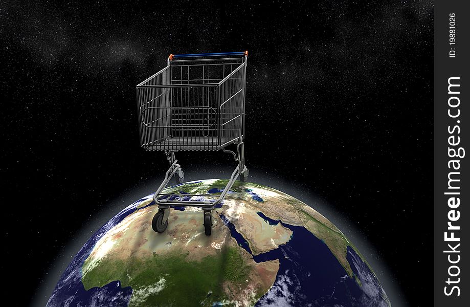 Close-up view of huge shopping cart on earth, political caricature of economy and global buyout