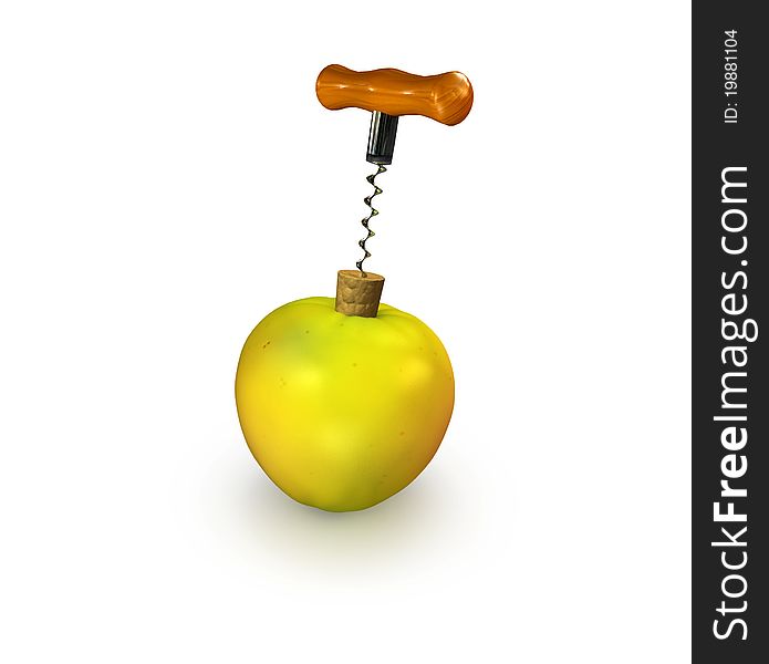 Juicy apple with a cork and a corkscrew