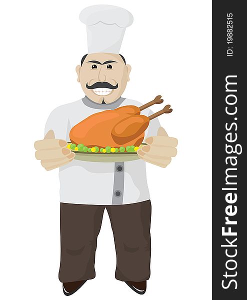 Pleased chef with a big cooked turkey