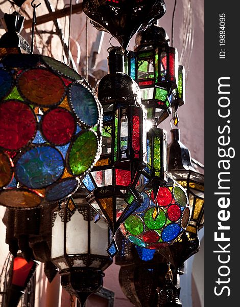 Stained glass lamp hanging in Marrakesh. Stained glass lamp hanging in Marrakesh