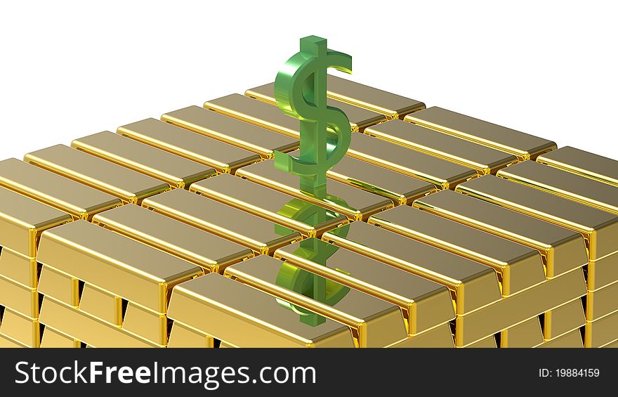 Symbol of dollar on gold bars money concept