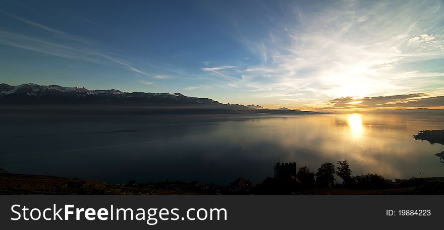 A serene sunset over a lake